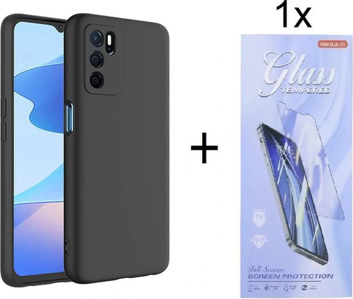 Oppo A16/A16s/A54s Hoesjes – Siliconen Backcover – Inclusief Screenprotector Gehard Glas – Zwart-Ilumina Benelux