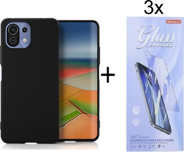 Xiaomi Mi 11 Lite 4G/5G Hoesjes – Siliconen Backcover – Schokbestendig – 3x Gehard Glas Screenprotector – Zwart-Ilumina Benelux