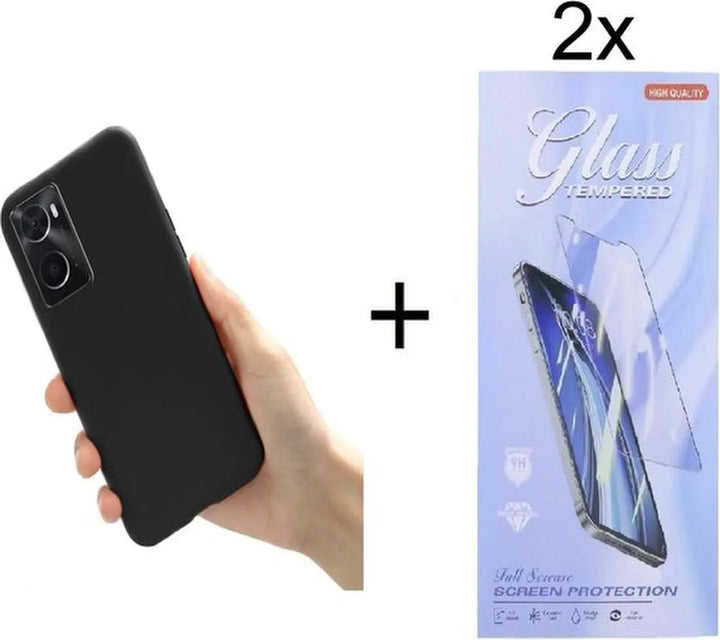 Oppo A96/A76/A36 Hoesjes – Siliconen Backcover – Inclusief 2x Screenprotector Gehard Glas – Zwart-Ilumina Benelux