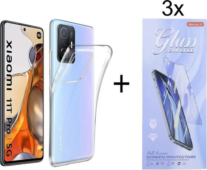 Xiaomi 11T/11T Pro Hoesjes – Transparante Siliconen Backcover – Inclusief 3x Screenprotector Gehard Glas – Anti-kras-Ilumina Benelux