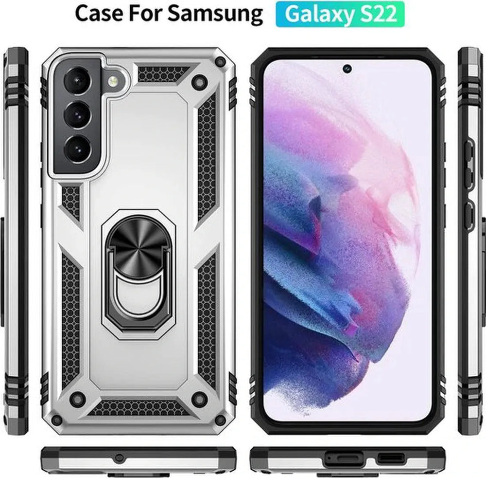 Samsung Galaxy S22 Hoesjes – Ring Armor Backcover – 360° Draaibare Standaard – Magneet – Zilver-Ilumina Benelux