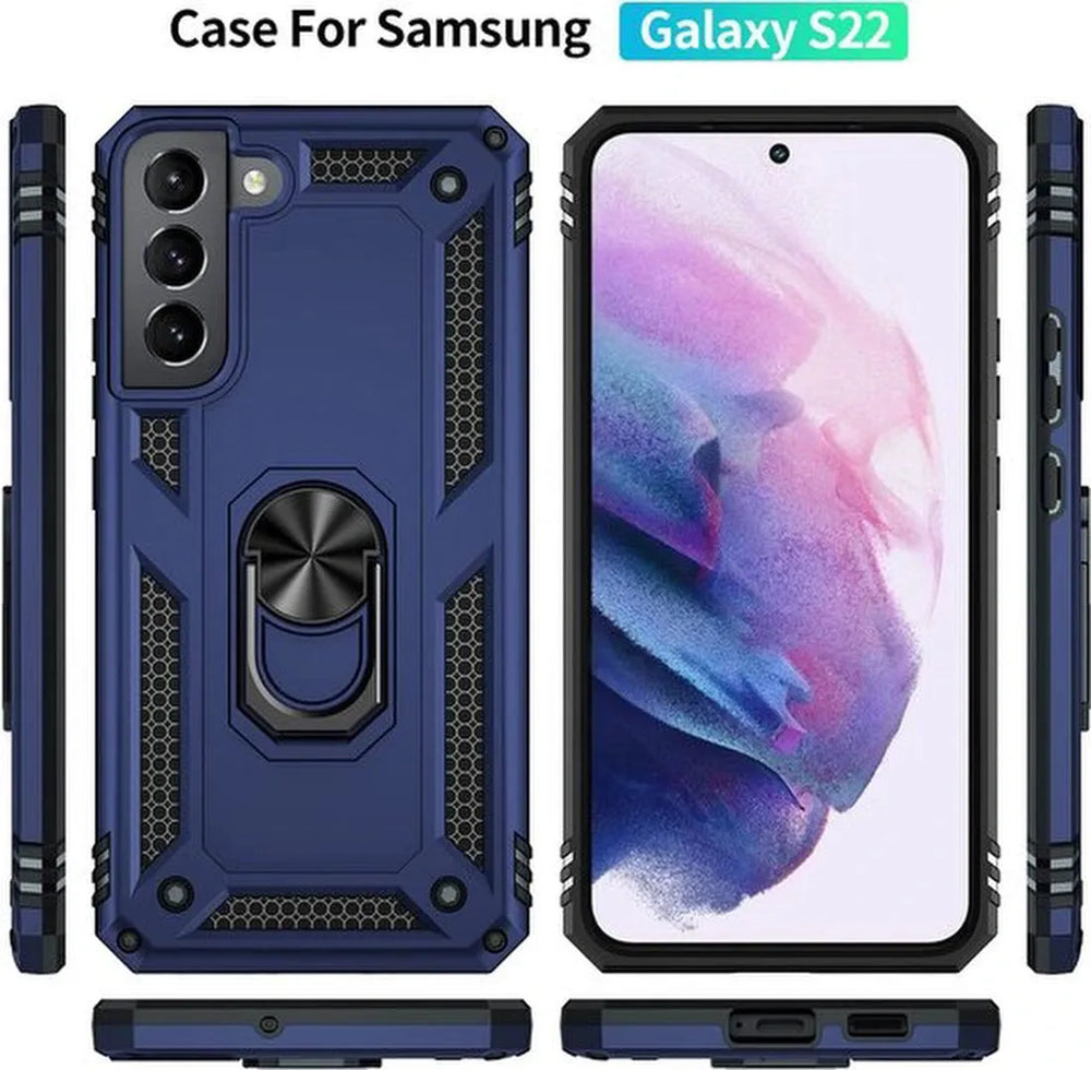 Samsung Galaxy S22 Hoesjes – Ring Armor Backcover – 360° Draaibare Standaard – Magneet – Blauw-Ilumina Benelux