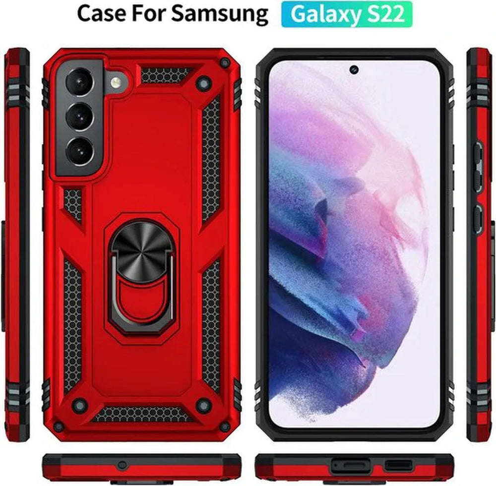 Samsung Galaxy S22 Hoesjes – Ring Armor Backcover – 360° Draaibare Standaard – Magneet – Rood-Ilumina Benelux