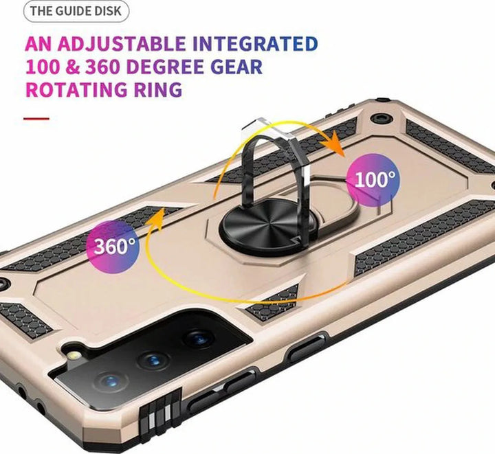 Samsung Galaxy S21 Hoesjes – Ring Armor Backcover – 360° Draaibare Standaard – Magneet – Goud-Ilumina Benelux