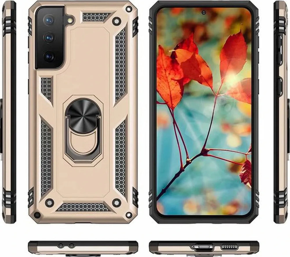 Samsung Galaxy S21 Hoesjes – Ring Armor Backcover – 360° Draaibare Standaard – Magneet – Goud-Ilumina Benelux