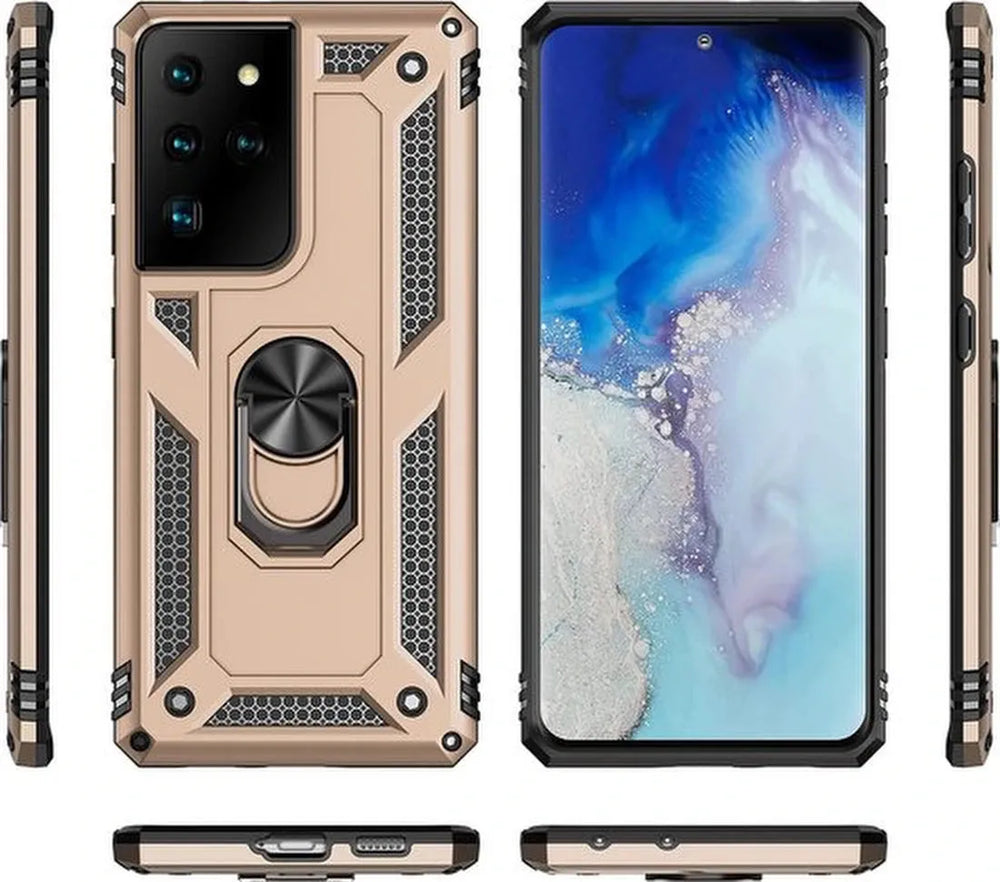 Samsung Galaxy S21 Ultra Hoesjes – Ring Armor Backcover – 360° Draaibare Standaard – Magneet – Goud-Ilumina Benelux