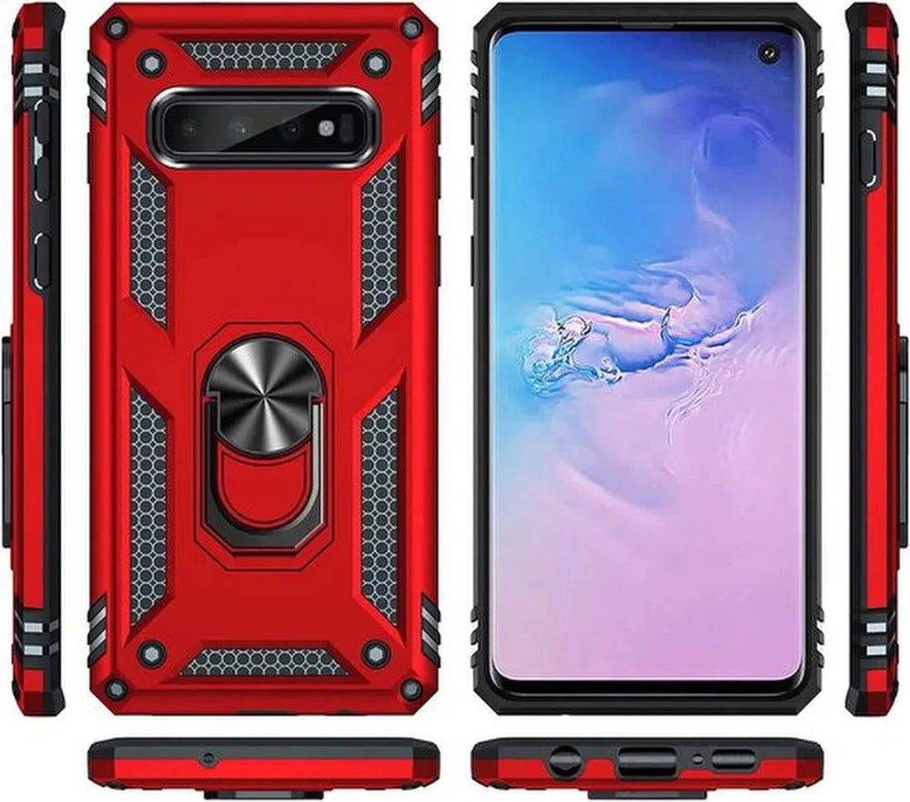 Samsung Galaxy S10e Hoesjes – Ring Armor Backcover – 360° Draaibare Standaard – Magneet – Rood-Ilumina Benelux