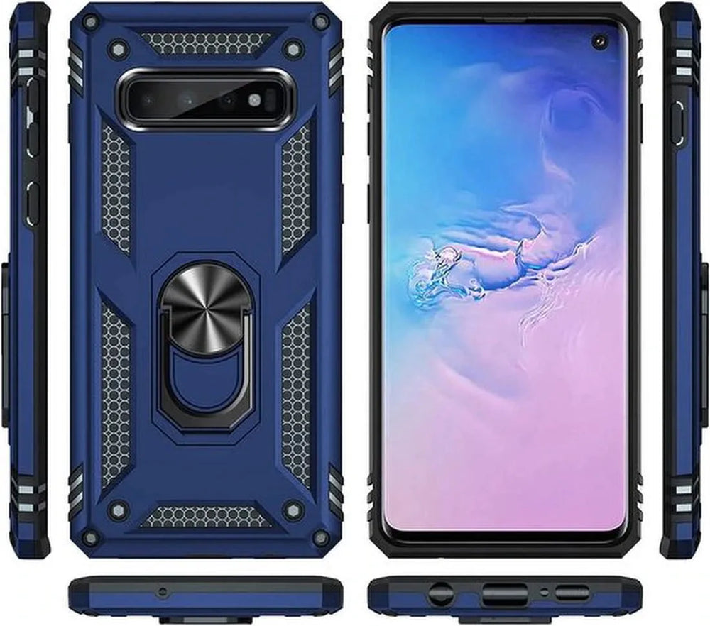 Samsung Galaxy S10 Hoesjes – Ring Armor Backcover – 360° Draaibare Standaard – Magneet – Blauw-Ilumina Benelux