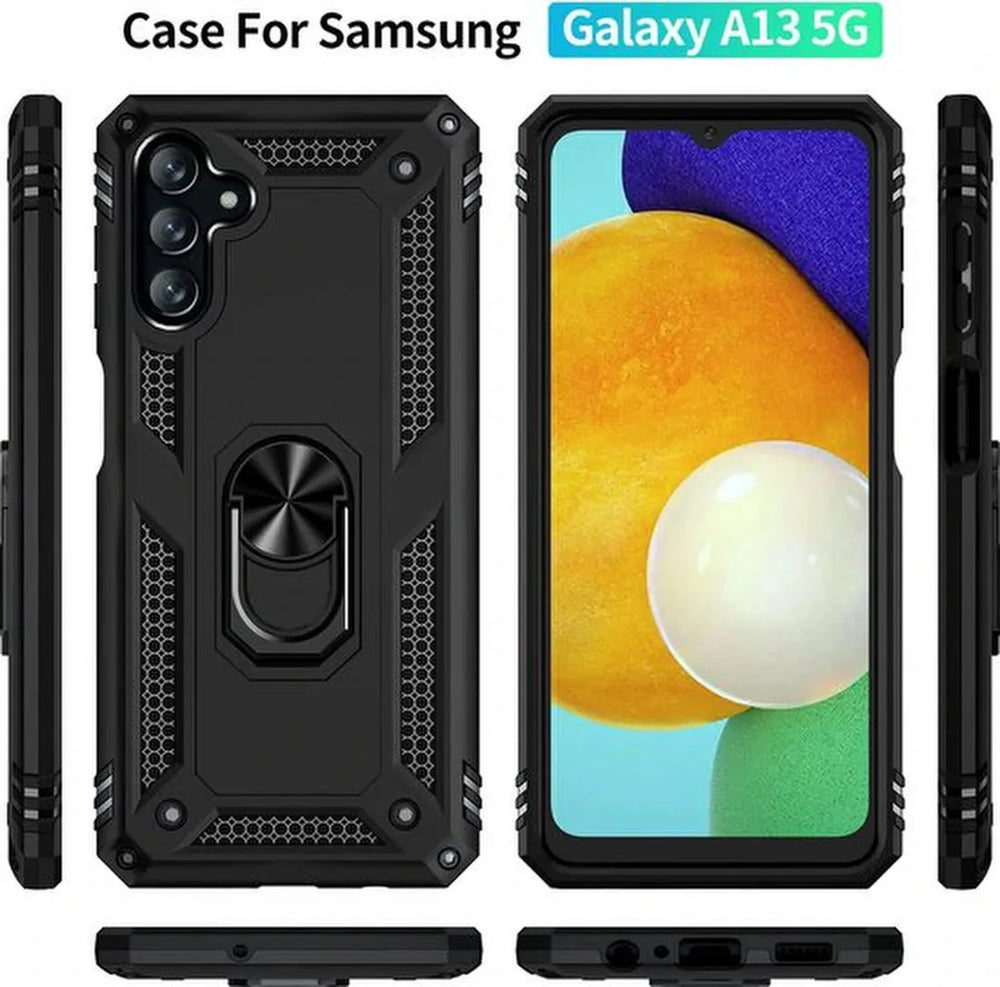Samsung Galaxy A13 5G / A04s Hoesjes – Ring Armor Backcover – 360° Draaibare Standaard – Magneet – Zwart-Ilumina Benelux