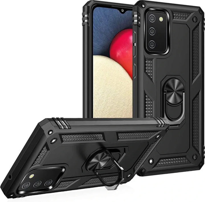 Samsung Galaxy A02s/A03s Hoesjes – Ring Armor Backcover – 360° Draaibare Standaard – Magneet – Zwart-Ilumina Benelux