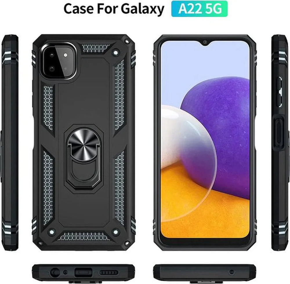 Samsung Galaxy A22 5G Hoesjes – Ring Armor Backcover – 360° Draaibare Standaard – Magneet – Zwart-Ilumina Benelux