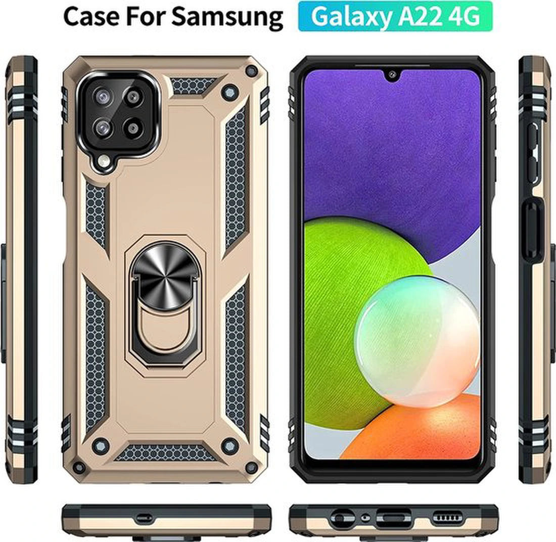 Samsung Galaxy A22 4G Hoesjes – Ring Armor Backcover – 360° Draaibare Standaard – Magneet – Goud