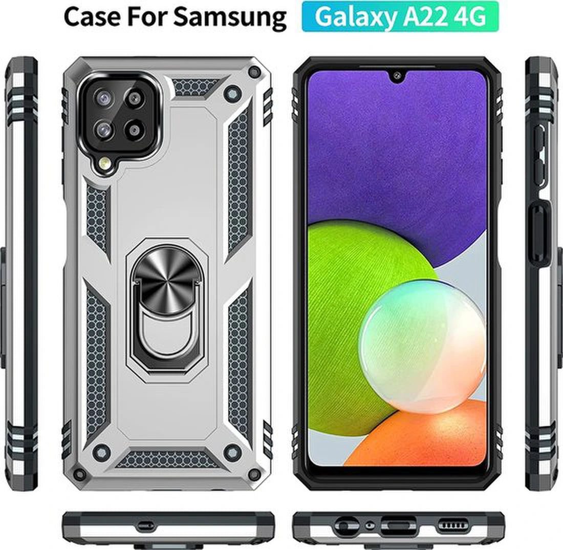 Samsung Galaxy A22 4G Hoesjes – Ring Armor Backcover – 360° Draaibare Standaard – Magneet – Zilver