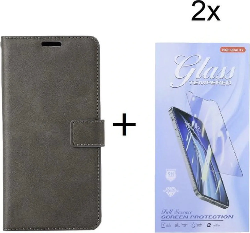 Samsung Galaxy Xcover6 Pro Hoesjes – Portemonnee Bookcase – Magneetsluiting – 2 Pasjes – Grijs + 2x Gehard Glas Screenprotector-Ilumina Benelux
