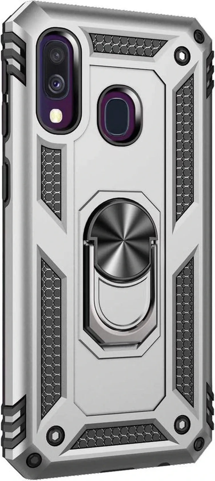 Samsung Galaxy A40 Hoesjes – Ring Armor Backcover – 360° Draaibare Standaard – Magneet – Zilver-Ilumina Benelux