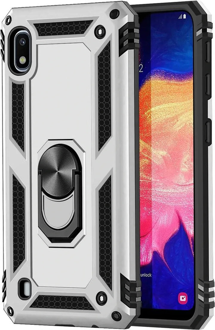 Samsung Galaxy A10 Hoesjes – Ring Armor Backcover – 360° Draaibare Standaard – Magneet – Zilver-Ilumina Benelux