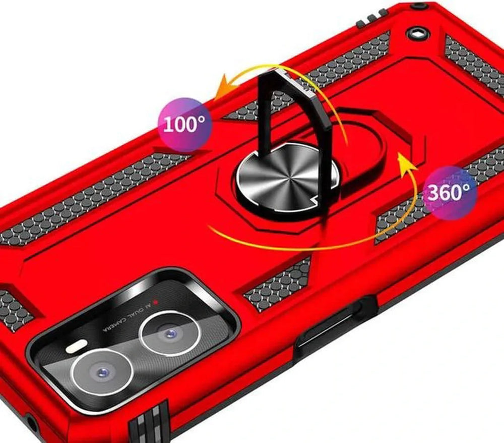 Oppo A96/A76/A36 Hoesjes – Ring Armor Backcover – 360° Draaibare Standaard – Magneet – Rood-Ilumina Benelux