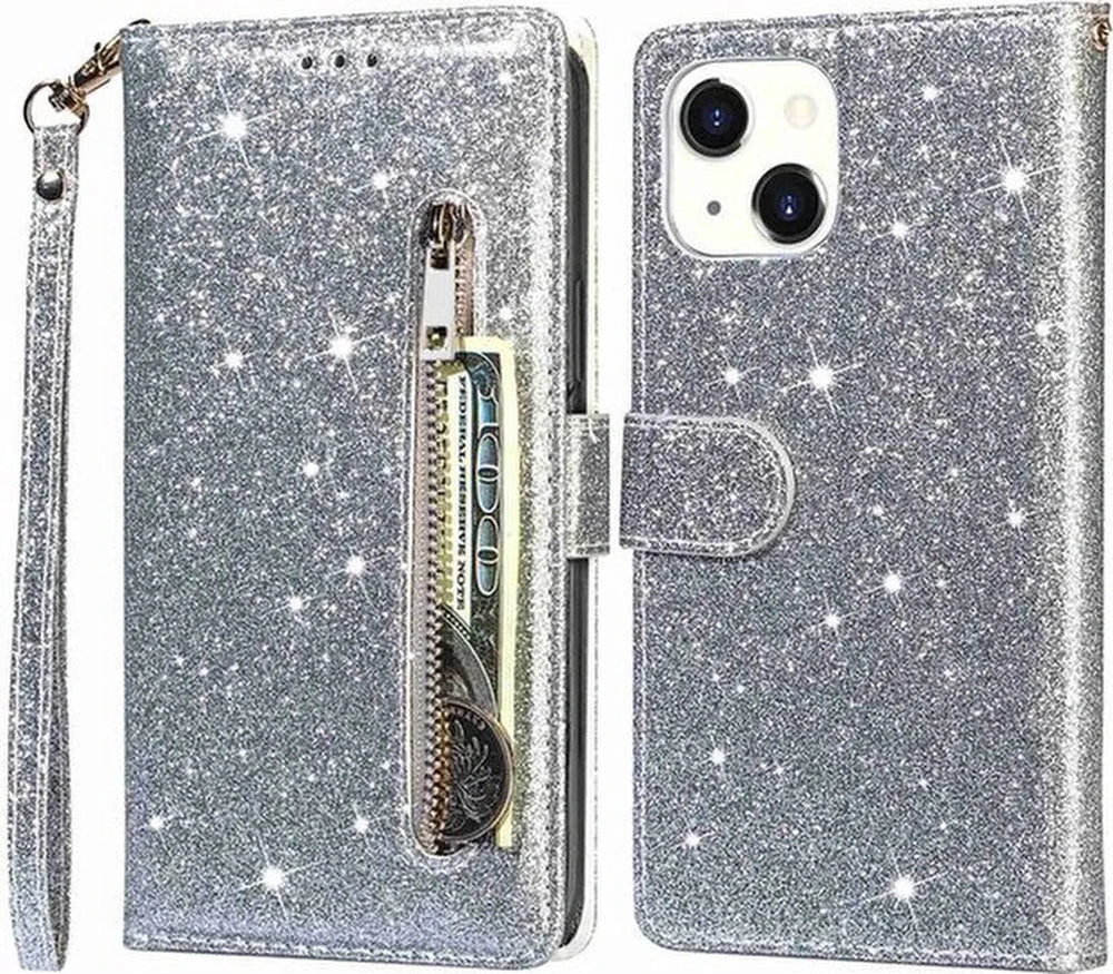 iPhone 14 Hoesjes – Glitter Portemonnee Case – Rits – Koord – Pasjeshouder – Zilver-Ilumina Benelux