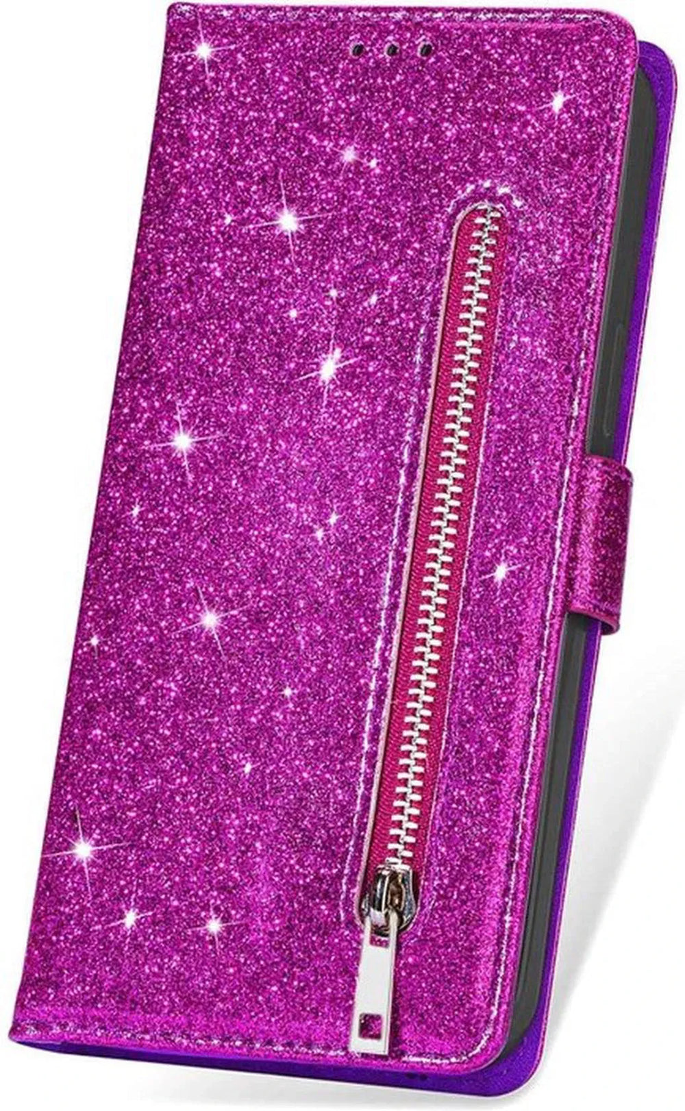 iPhone 14 Hoesjes – Glitter Portemonnee Case – Rits & Koord – Pasjeshouder – Paars-Ilumina Benelux