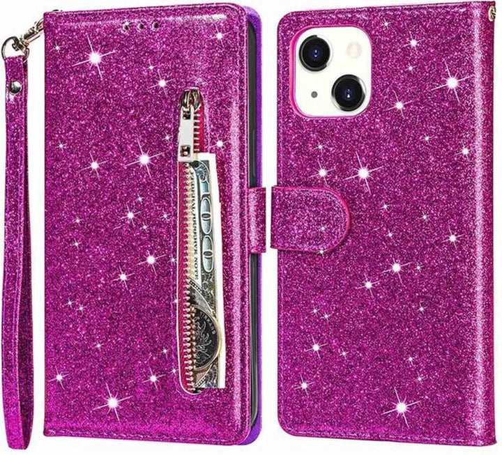 iPhone 14 Pro Hoesjes – Glitter Portemonneehoes – Rits – Koord & Pasjeshouder – Paars-Ilumina Benelux