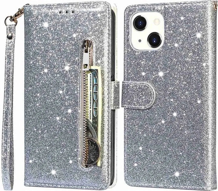 iPhone 14 Pro Max Hoesjes – Glitter Portemonnee Case – Rits & Koord – Pasjeshouder – Zilver-Ilumina Benelux