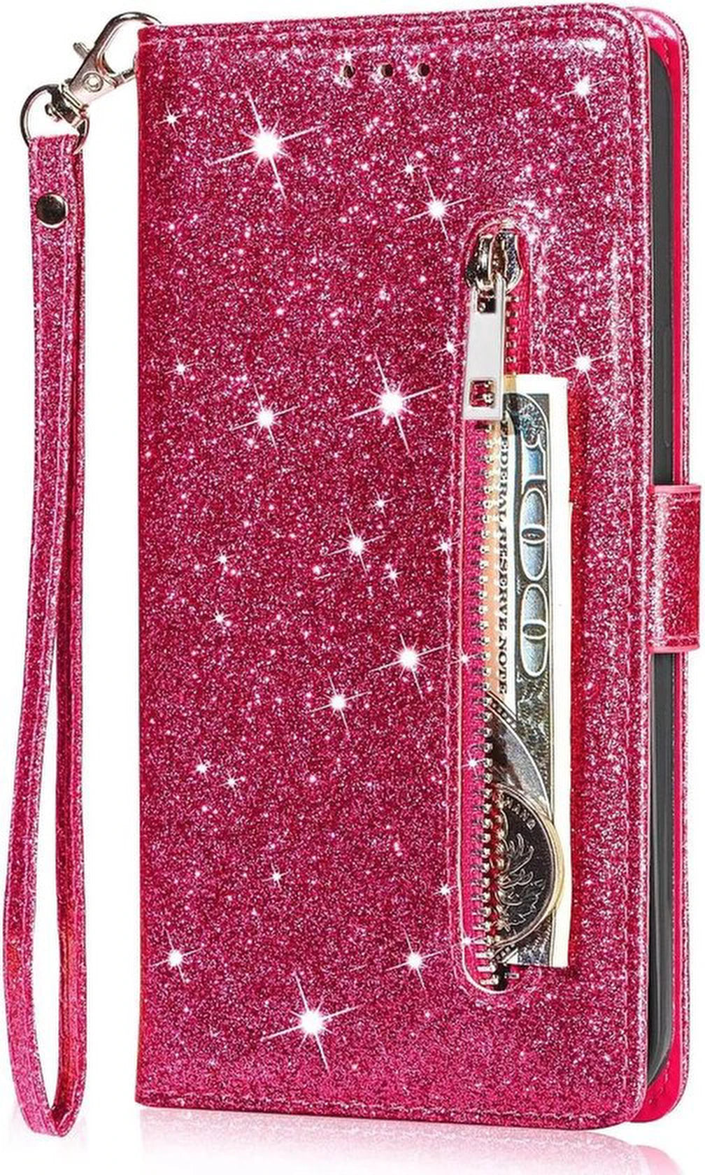 Samsung Galaxy S22 Hoesjes – Glitter Portemonnee Case – Rits & Koord – Pasjeshouder – Roze