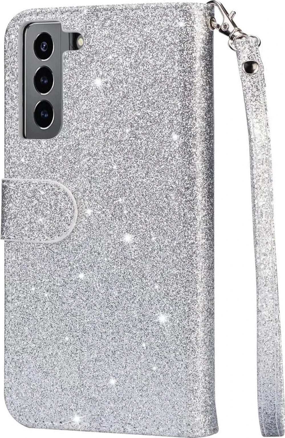 Samsung Galaxy S22 Plus Hoesjes – Glitter Portemonnee Case – Rits & Koord – Pasjeshouder – Zilver-Ilumina Benelux