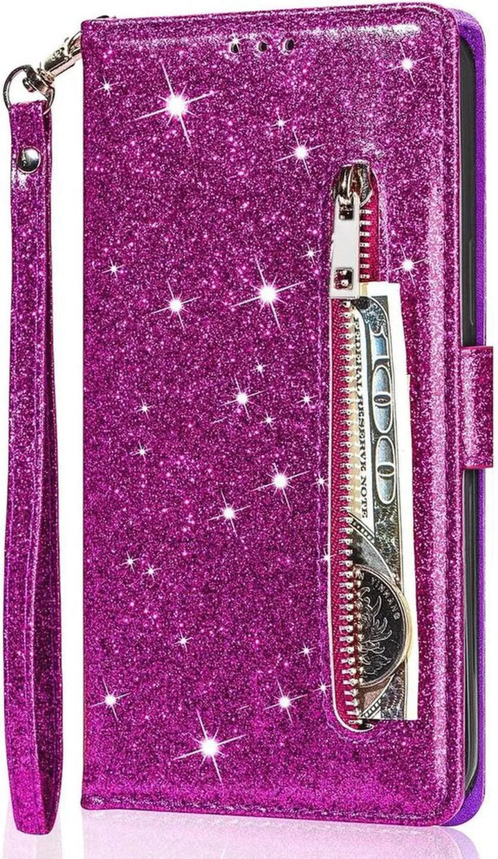 Samsung Galaxy S22 Ultra Hoesjes – Glitter Portemonnee Case – Rits – Koord – Pasjeshouder – Paars-Ilumina Benelux