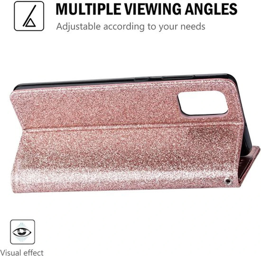 Glitter Wallet Case Geschikt voor: Samsung Galaxy A53 5G Hoesje met Rits, Koord en Pasjeshouder - Roségoud