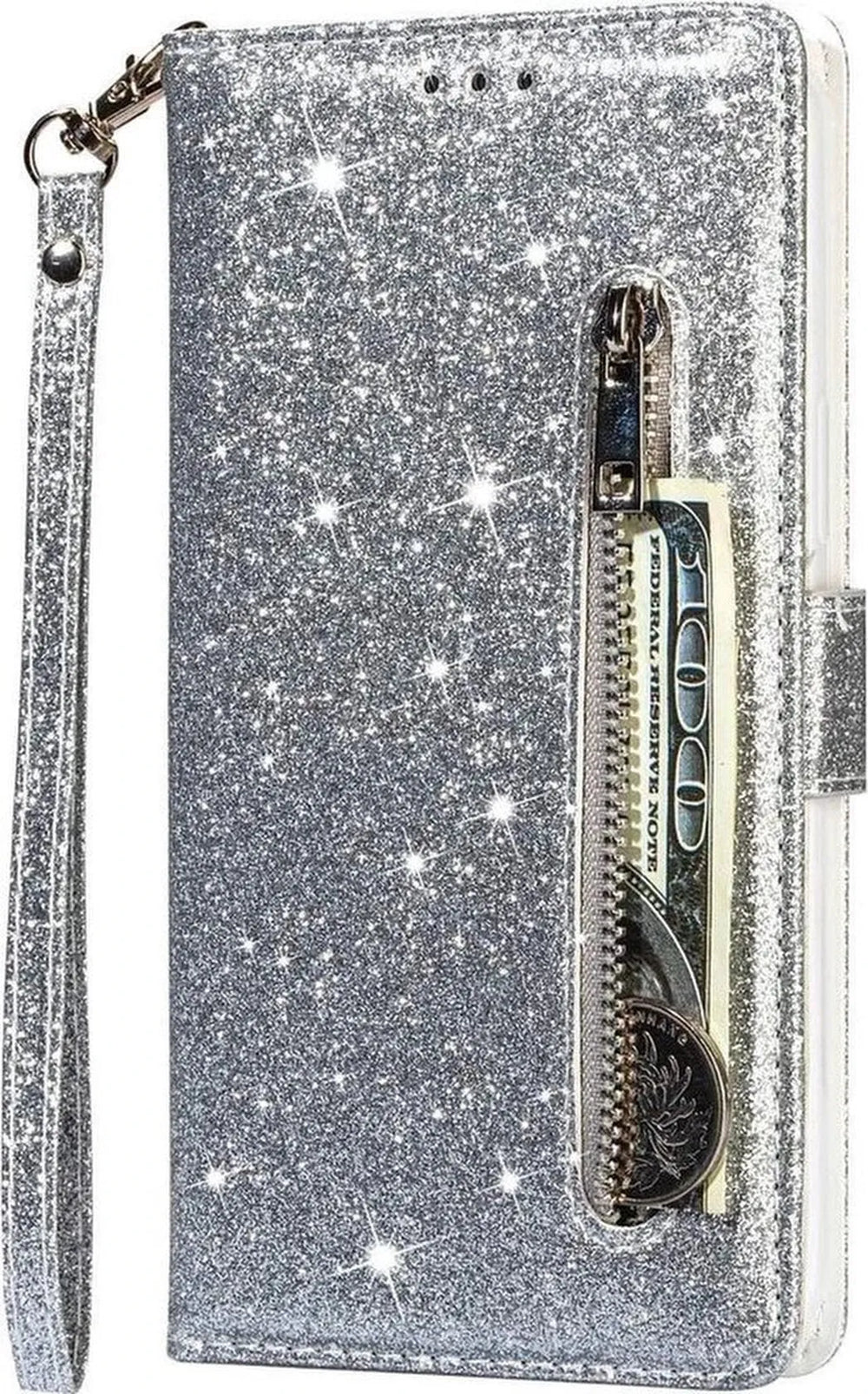 Samsung Galaxy A13 Hoesjes – Glitter Portemonnee Case – Rits & Koord – Pasjeshouder – Zilver-Ilumina Benelux