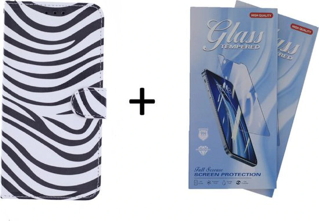 Samsung Galaxy A04 Hoesjes – Bookcase Portemonnee – Zebra Design – Pasjeshouder – 2x Gehard Glas Screenprotector – Zwart/Wit