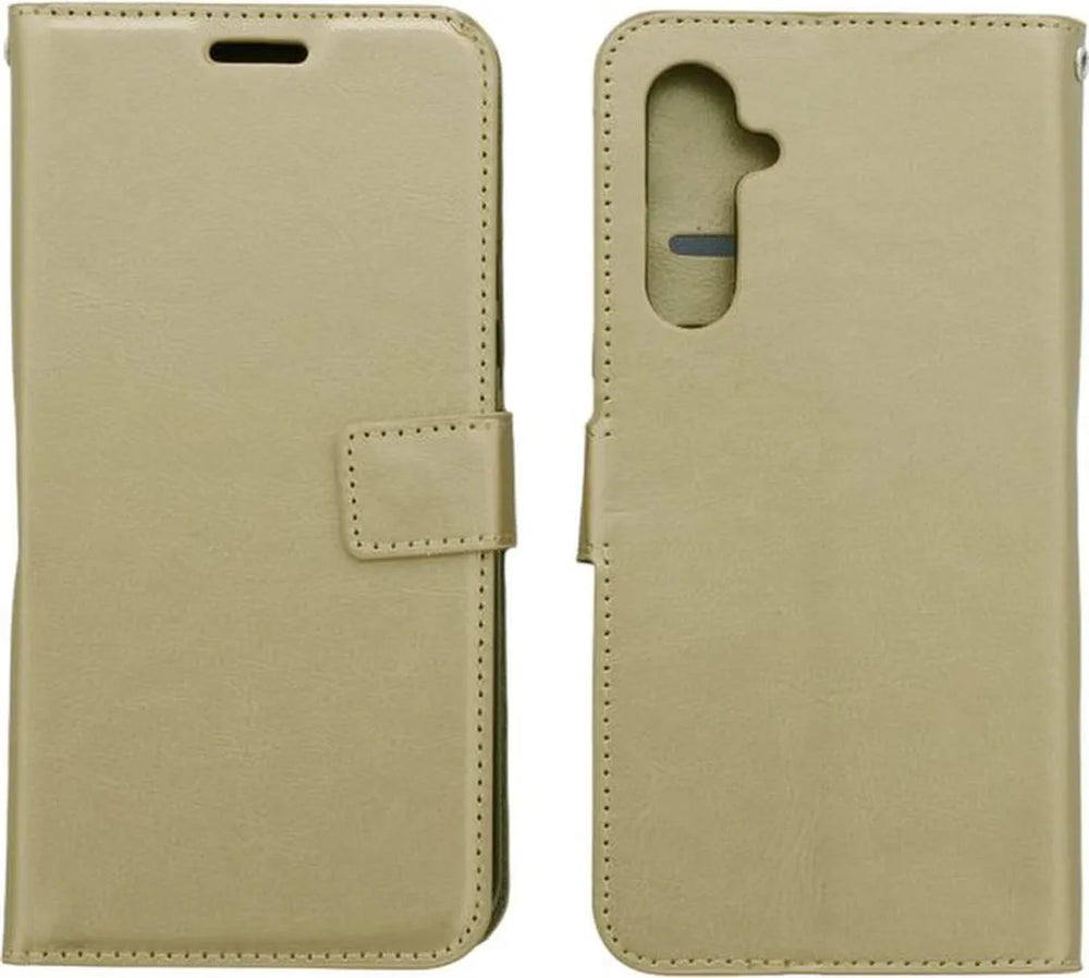 Samsung Galaxy A34 Hoesjes – Portemonnee Bookcase – Magneetsluiting – 3 Pasjes – Goud + 3x Gehard Glas Screenprotector-Ilumina Benelux
