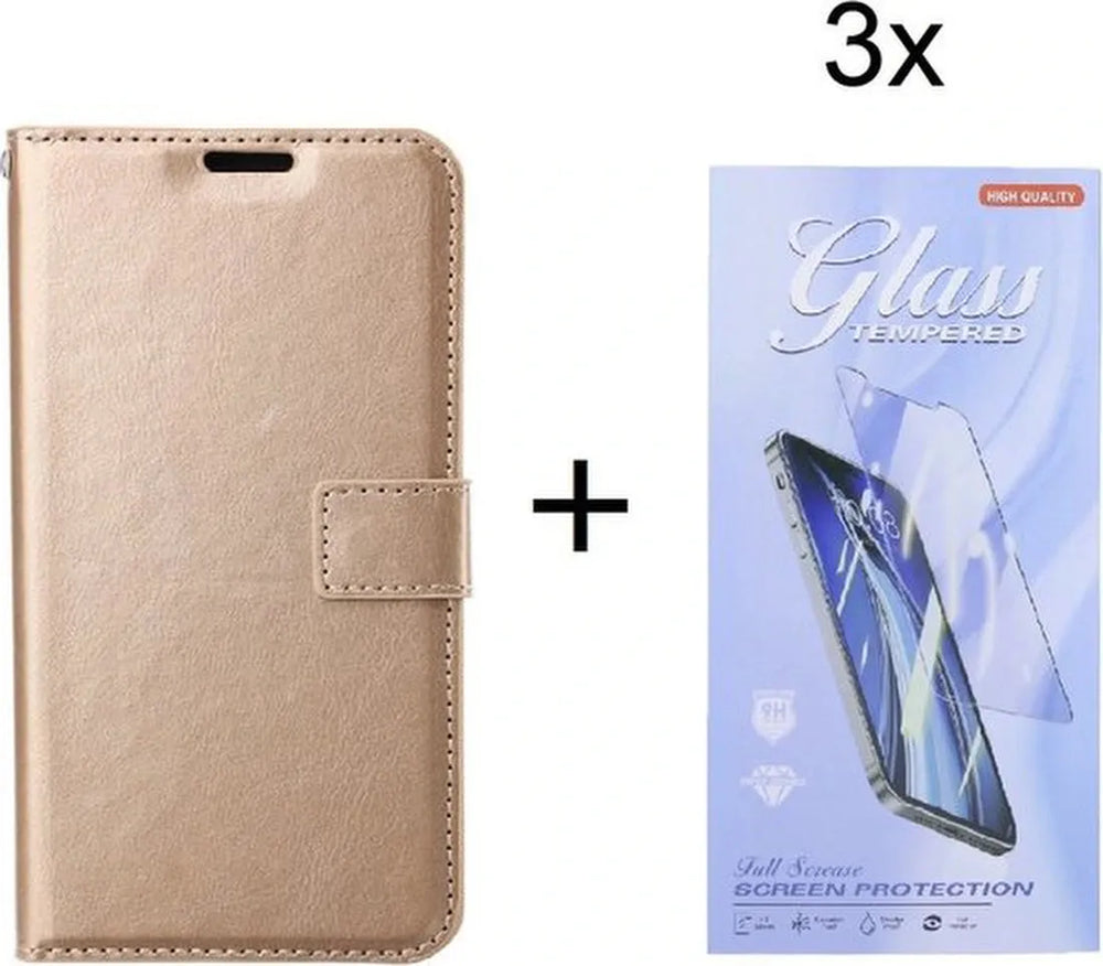 Samsung Galaxy A14 Hoesjes – Bookcase Portemonnee – Magneetsluiting – 3x Glas Screenprotector – Goud-Ilumina Benelux