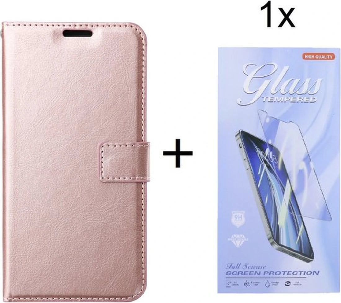 Bookcase Roségoud Geschikt voor Samsung Galaxy A14 (4G & 5G) - Portemonnee hoesje met 1x Glas Screenprotector