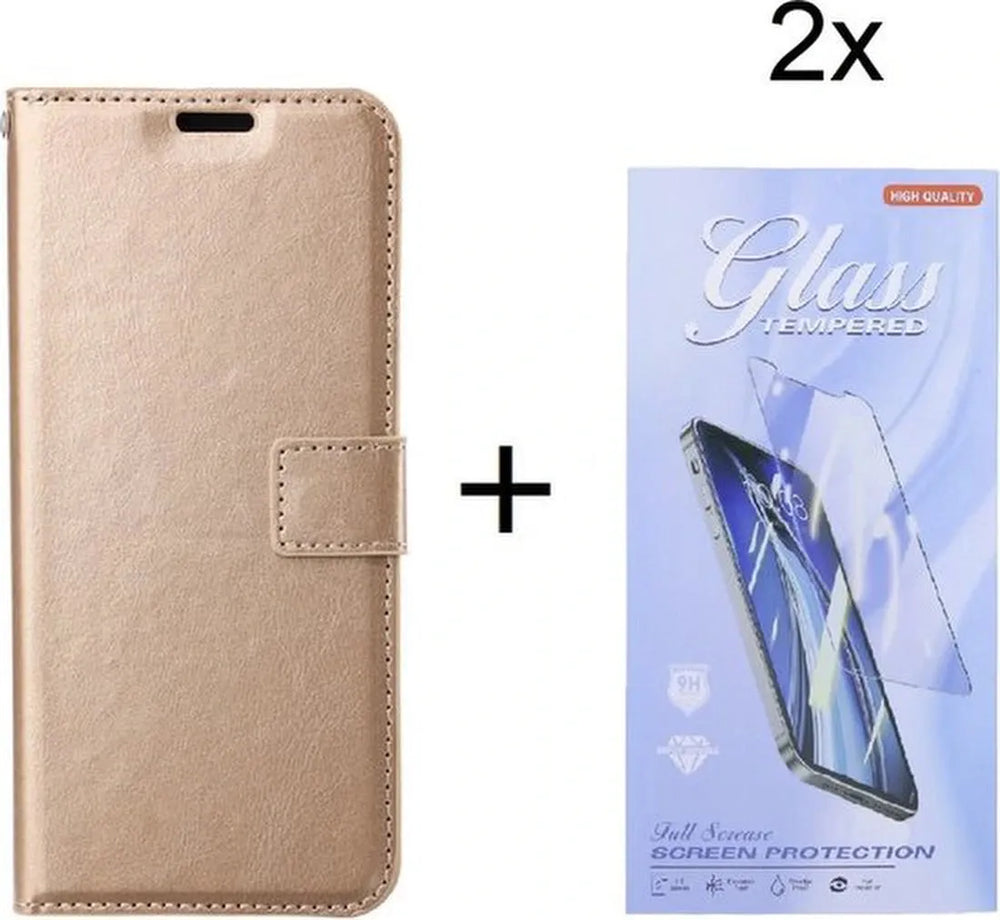 Samsung Galaxy A25 Hoesjes – Portemonnee Bookcase – Magneetsluiting – 2 Pasjes – Goud + 2x Gehard Glas Screenprotector-Ilumina Benelux