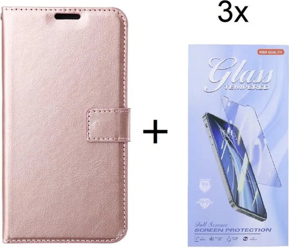 Samsung Galaxy A25 Hoesjes – Bookcase Portemonnee – Magneetsluiting – 3x Gehard Glas Screenprotector – Roségoud-Ilumina Benelux