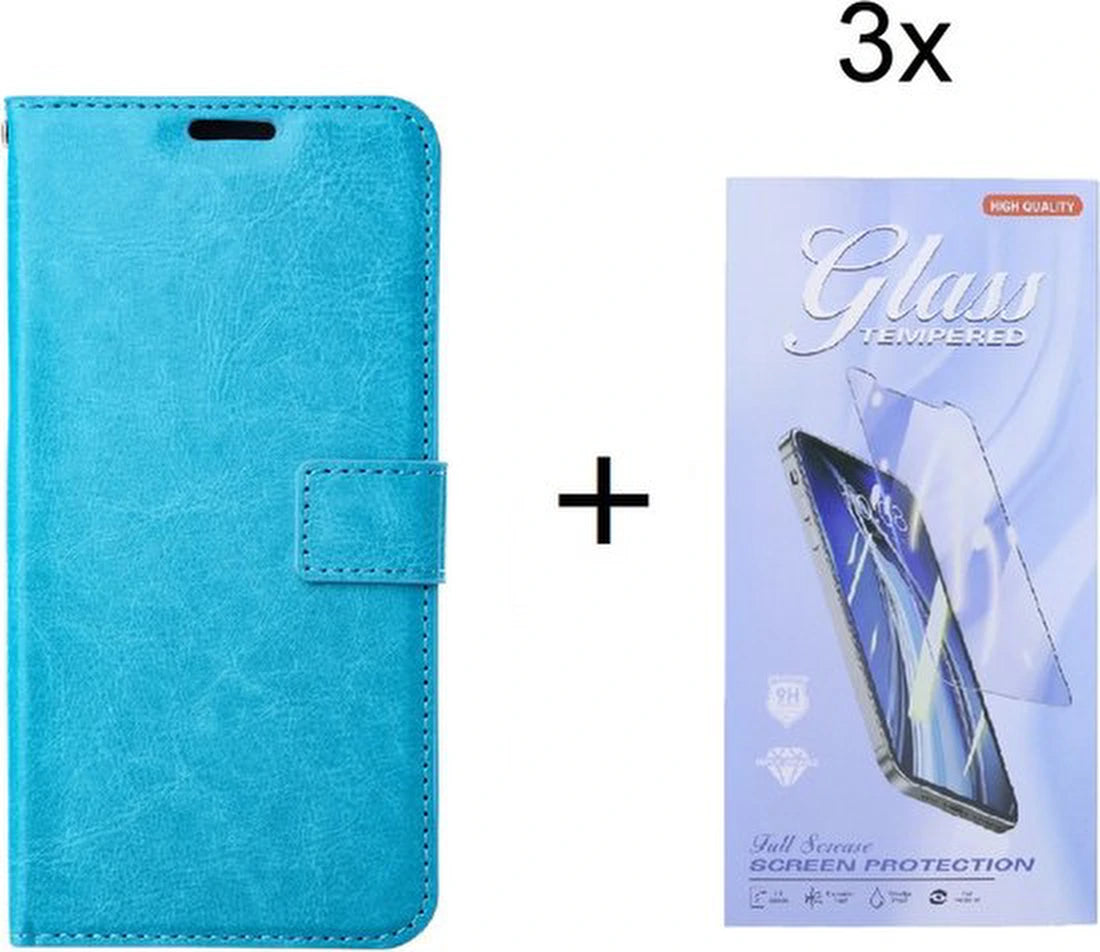 Samsung Galaxy A25 Hoesjes – Bookcase Portemonnee – Magneetsluiting – 3 Pasjes – Turquoise + 3x Gehard Glas Screenprotector
