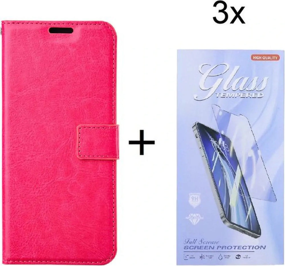 Samsung Galaxy A25 Hoesjes – Portemonnee Bookcase – Magneetsluiting & 3 Pasjes – 3x Gehard Glas Screenprotector – Roze-Ilumina Benelux