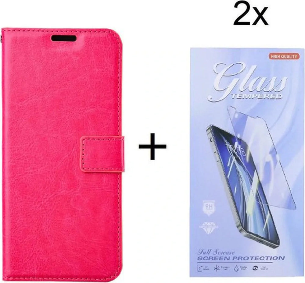 Samsung Galaxy S23 FE Hoesjes – Portemonnee Bookcase – Magneetsluiting – 2 Pasjes – Roze + 2x Gehard Glas Screenprotector-Ilumina Benelux