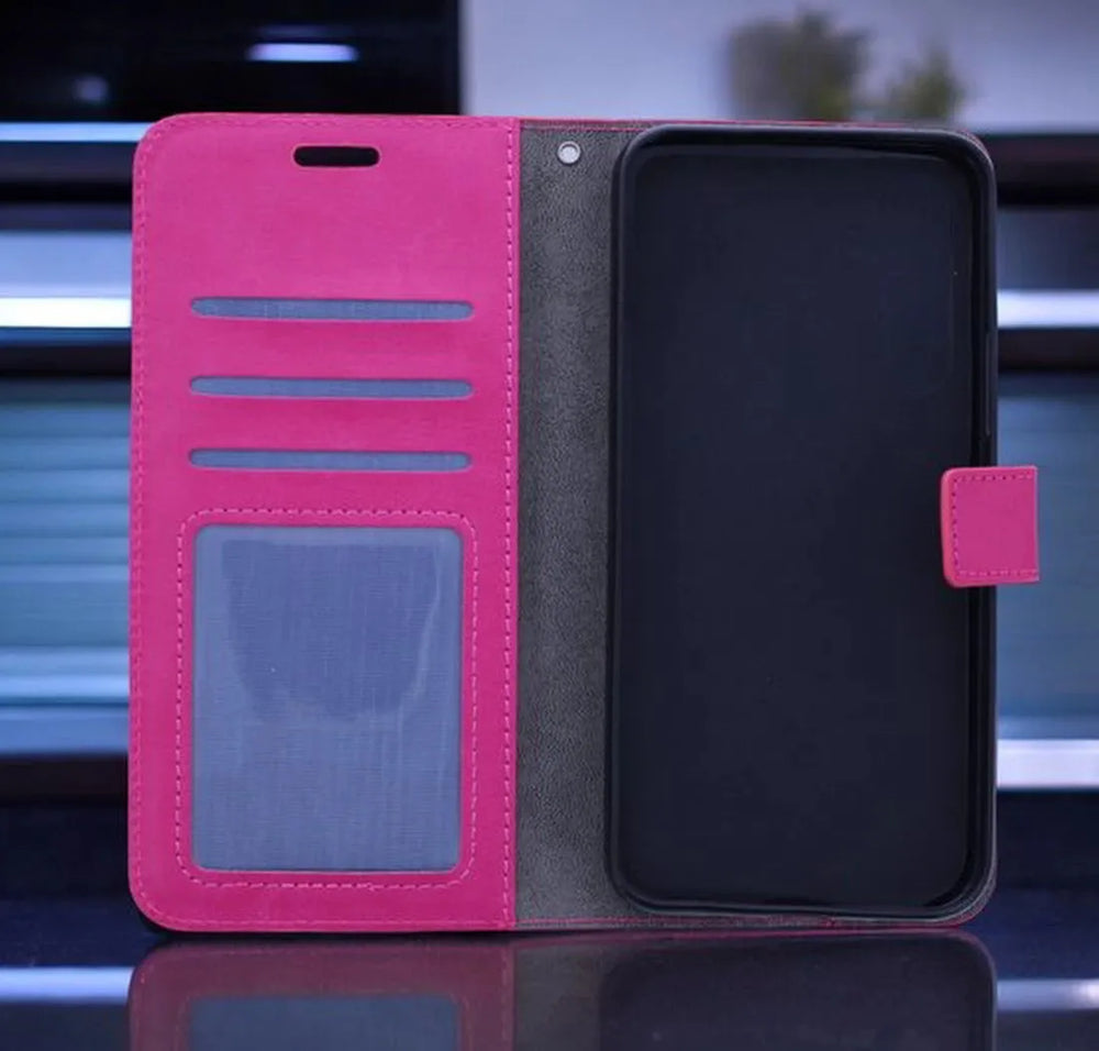 Samsung Galaxy S23 FE Hoesjes – Portemonnee Bookcase – Magneetsluiting – 3x Gehard Glas Screenprotector – Roze-Ilumina Benelux