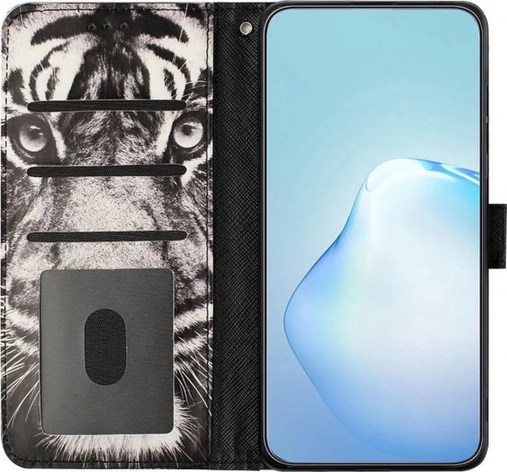 Samsung Galaxy A23 5G Hoesjes – Bookcase Portemonneehoes – Tijger Print – Pasjeshouder – Magneetsluiting – Zwart-Ilumina Benelux