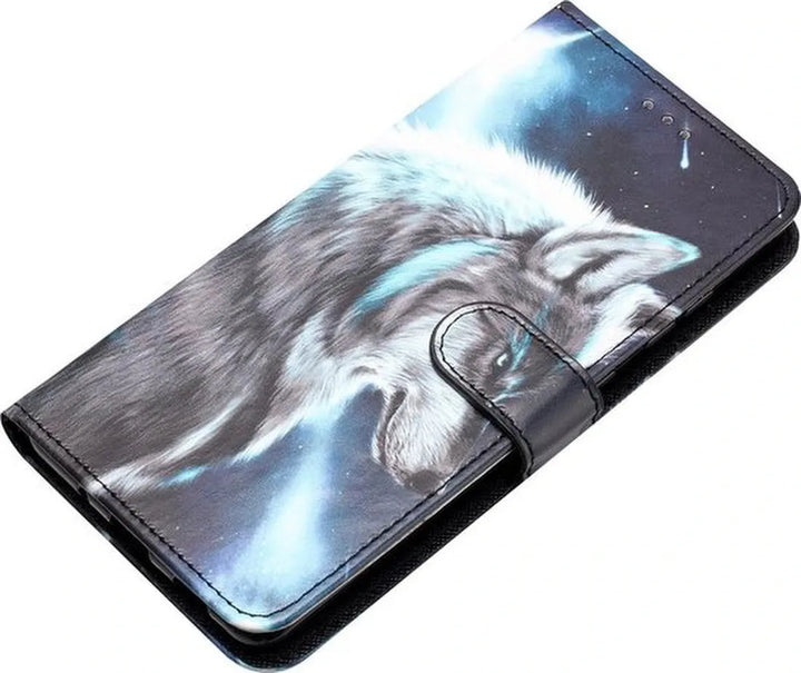 Oppo A77 5G Hoesjes – Bookcase Portemonneehoes – Magneetsluiting – Lone Wolf Print-Ilumina Benelux