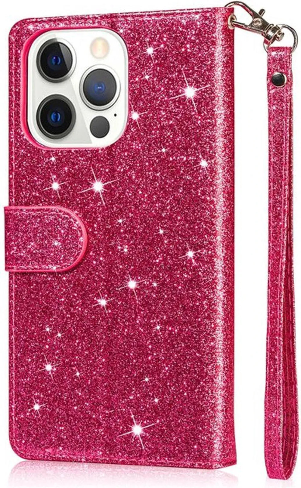 iPhone 15 Hoesjes – Glitter Portemonnee Case – Rits – Koord & Pasjeshouder – Roze-Ilumina Benelux