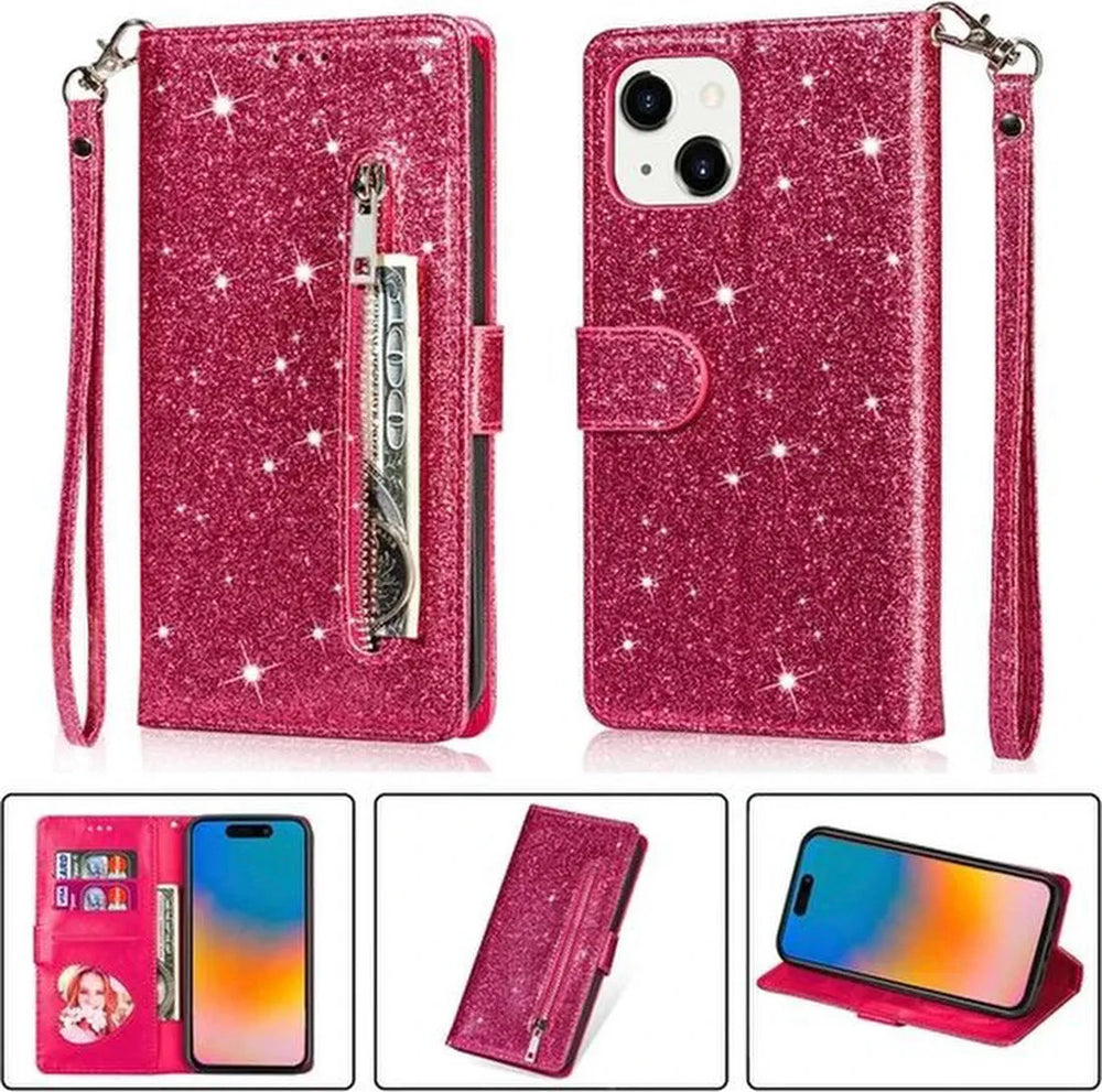 iPhone 15 Hoesjes – Glitter Portemonnee Case – Rits – Koord & Pasjeshouder – Roze-Ilumina Benelux