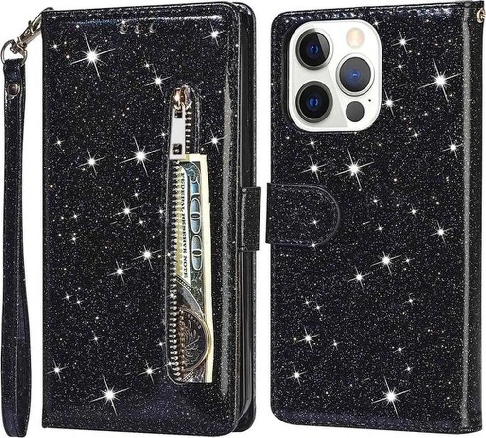 iPhone 15 Plus Hoesjes – Glitter Portemonnee Case – Rits – Koord – Pasjeshouder – Zwart-Ilumina Benelux