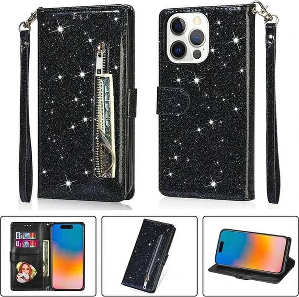 iPhone 15 Plus Hoesjes – Glitter Portemonnee Case – Rits – Koord – Pasjeshouder – Zwart-Ilumina Benelux