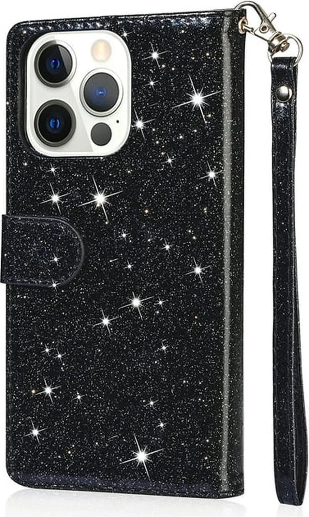 iPhone 15 Plus Hoesjes – Glitter Portemonnee Case – Rits – Koord – Pasjeshouder – Zwart-Ilumina Benelux