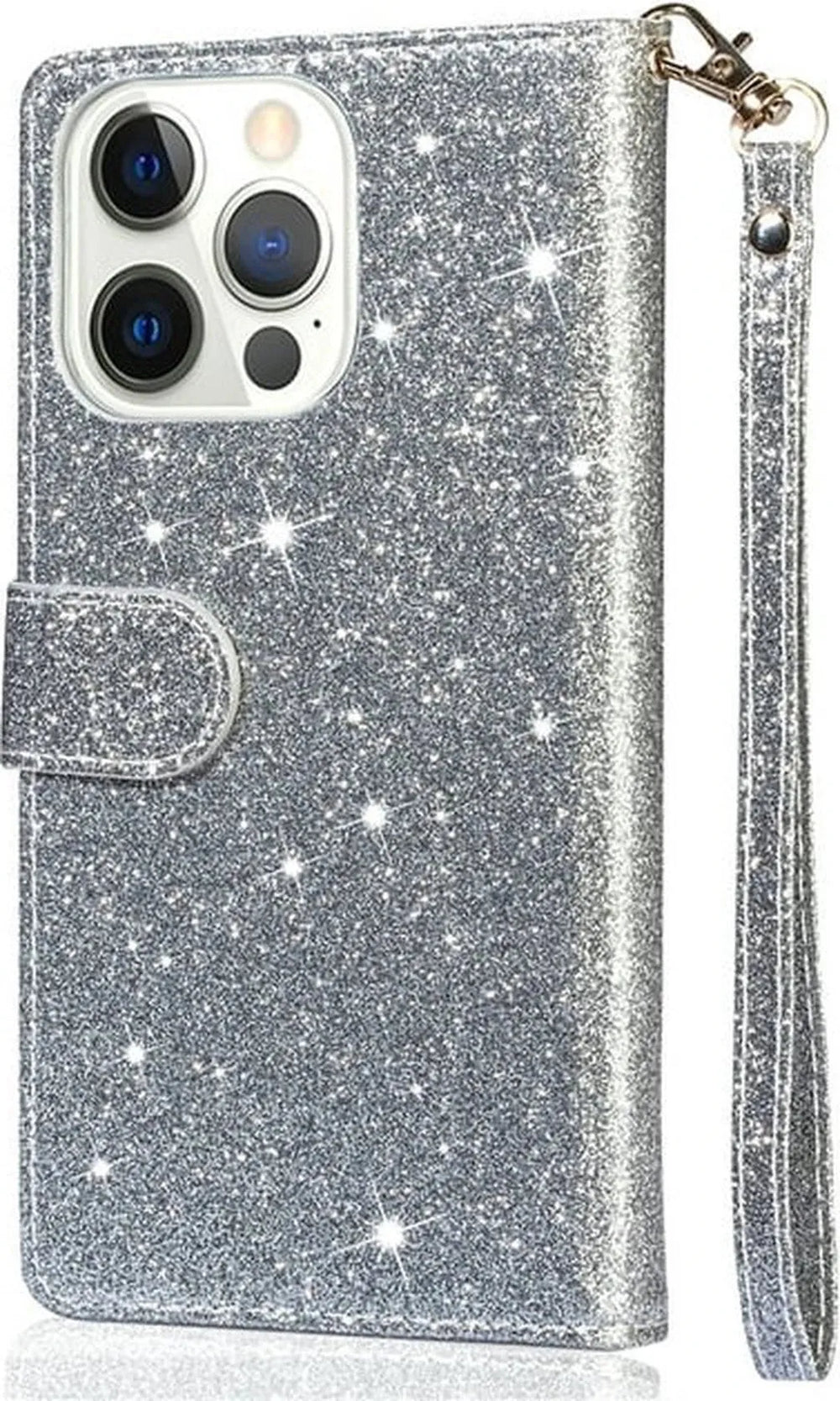 iPhone 15 Plus Hoesjes – Glitter Portemonnee Case – Rits – Koord – Pasjeshouder – Zilver-Ilumina Benelux