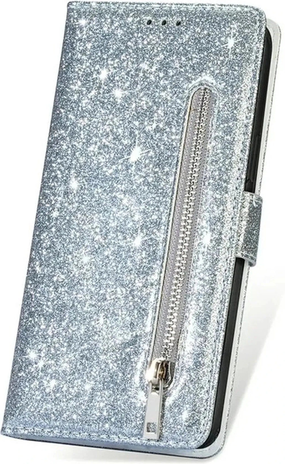 iPhone 15 Plus Hoesjes – Glitter Portemonnee Case – Rits – Koord – Pasjeshouder – Zilver-Ilumina Benelux