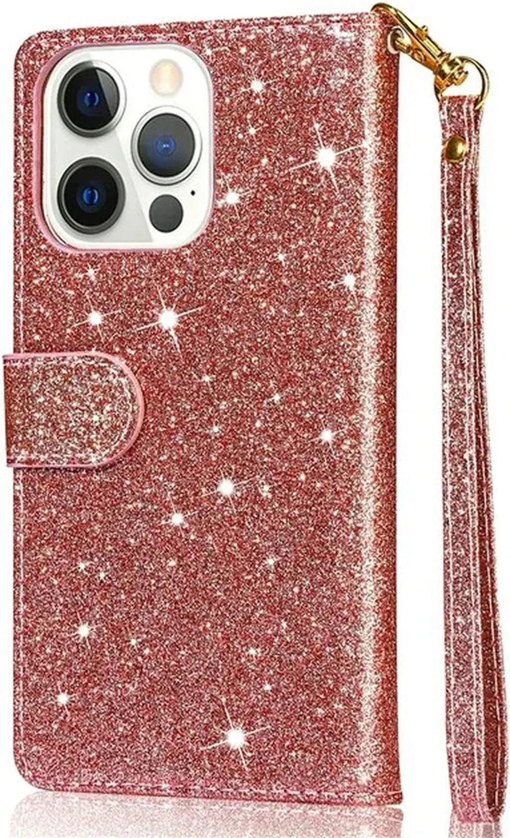 iPhone 15 Plus Hoesjes – Glitter Portemonnee Case – Rits & Koord – Pasjeshouder – Roségoud-Ilumina Benelux